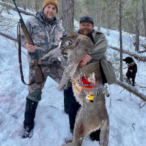Two men posing in the snow with the large puma they harvested in Colorado (with their hunting dog in the background).