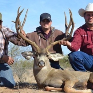 Three men posing with a tropy whitetail buck their party harvested during their Sonora, Mexico hunt.