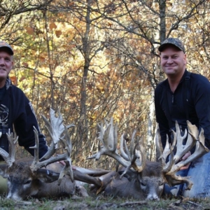 Two men posing with the two large whitetail deer they harvested during their Wisconsin hunt.